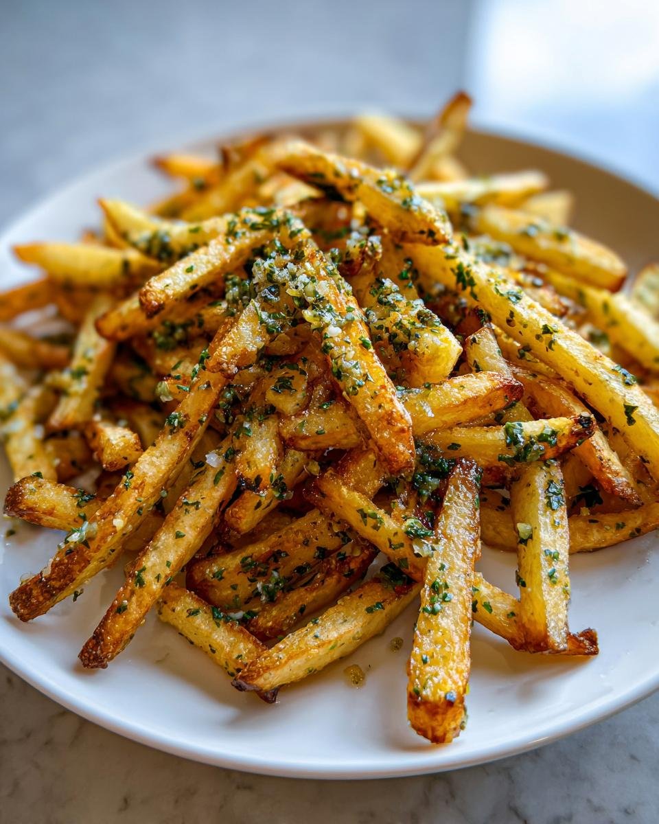 Close-up of golden, crispy Air Fryer Garlic Herb Yucca Fries seasoned with minced garlic and parsley.