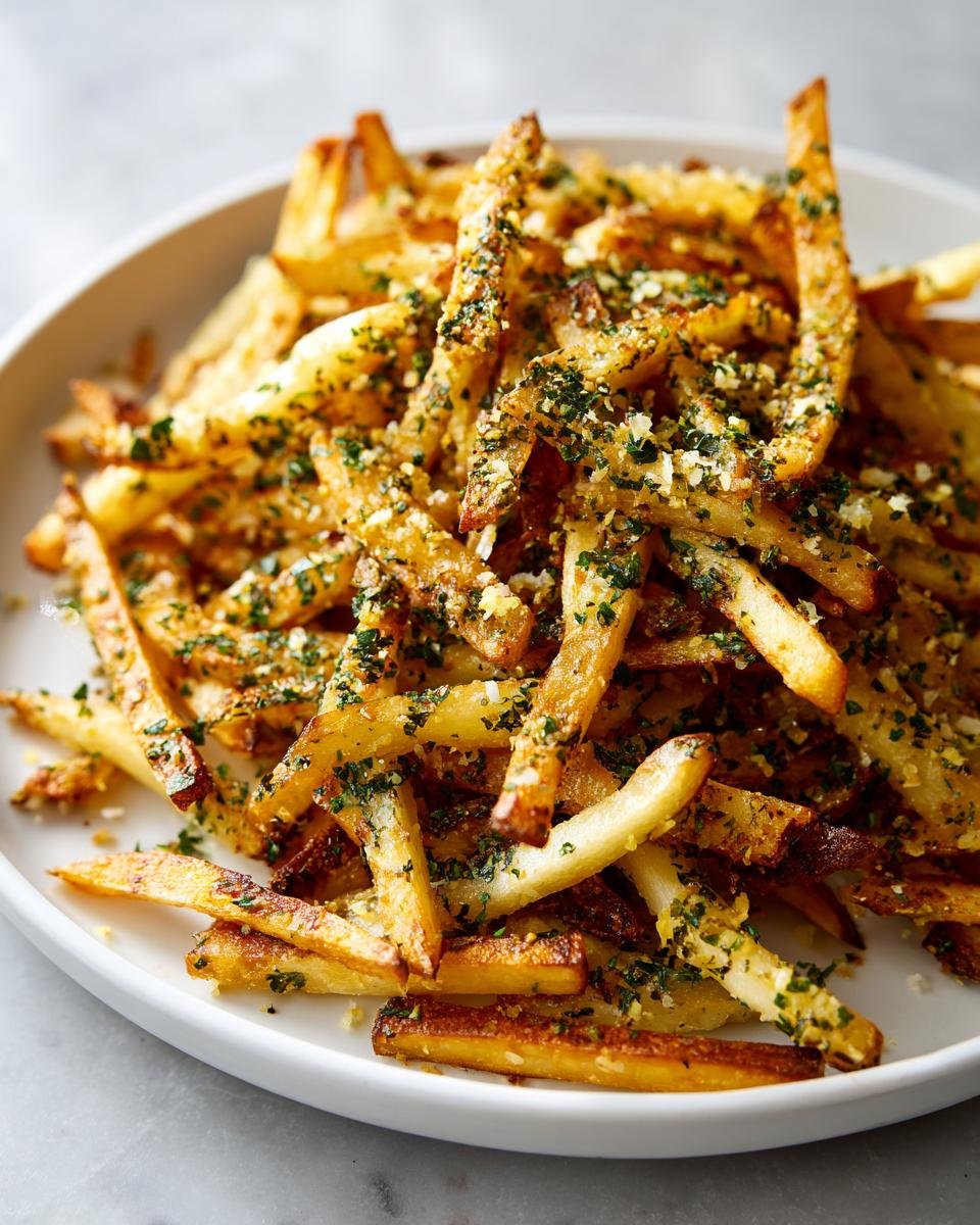 A close-up of golden, crispy Air Fryer Garlic Herb Yucca Fries heavily seasoned with green herbs and garlic powder.