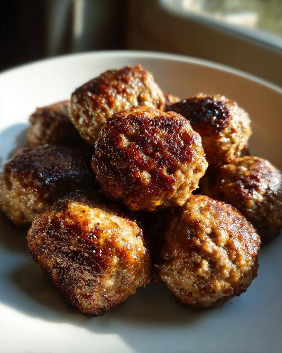 A close-up pile of perfectly browned and slightly crispy Air Fryer Meatballs resting on a white plate.