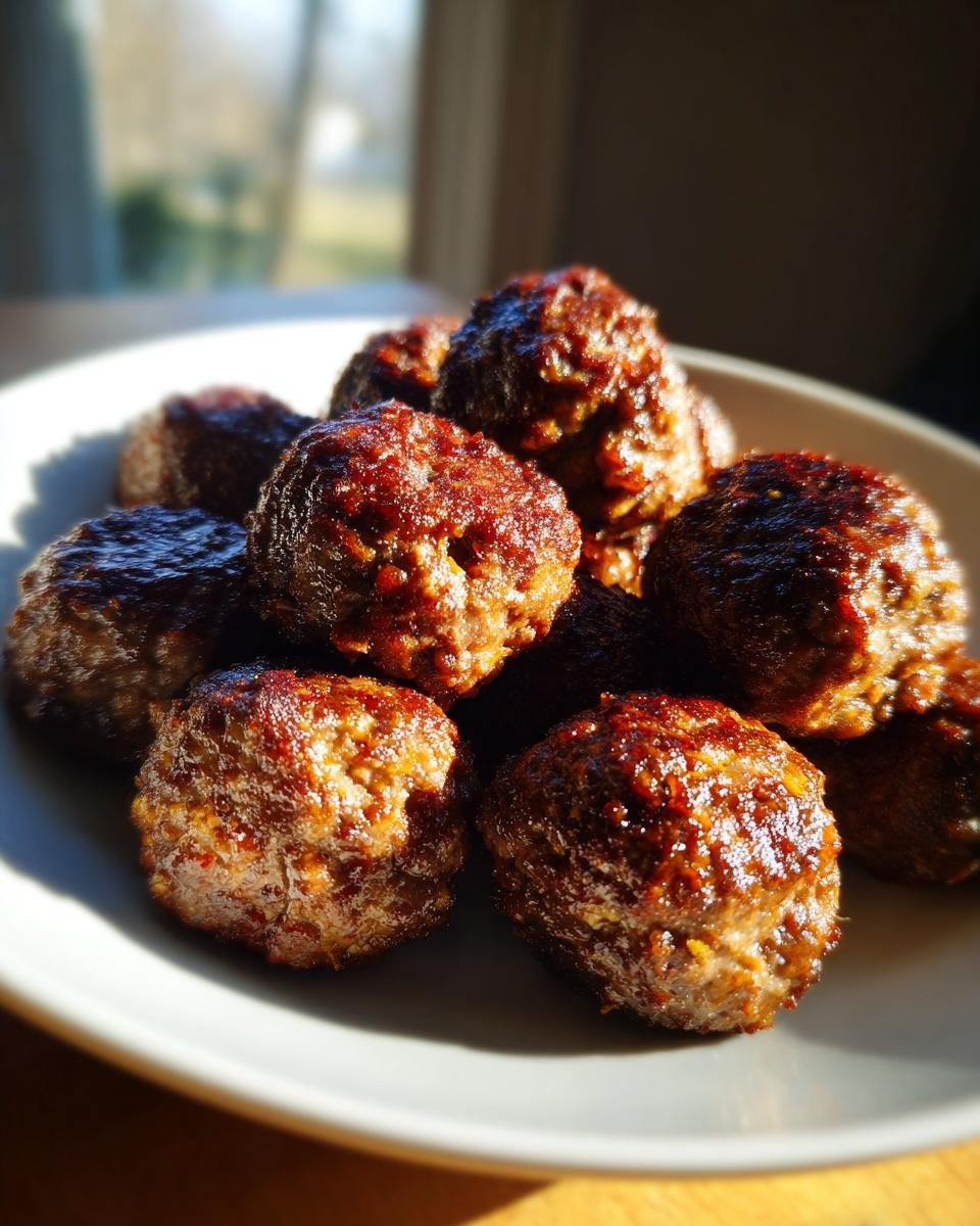 A close-up of several perfectly browned Air Fryer Meatballs piled high on a light gray plate, catching the sunlight.