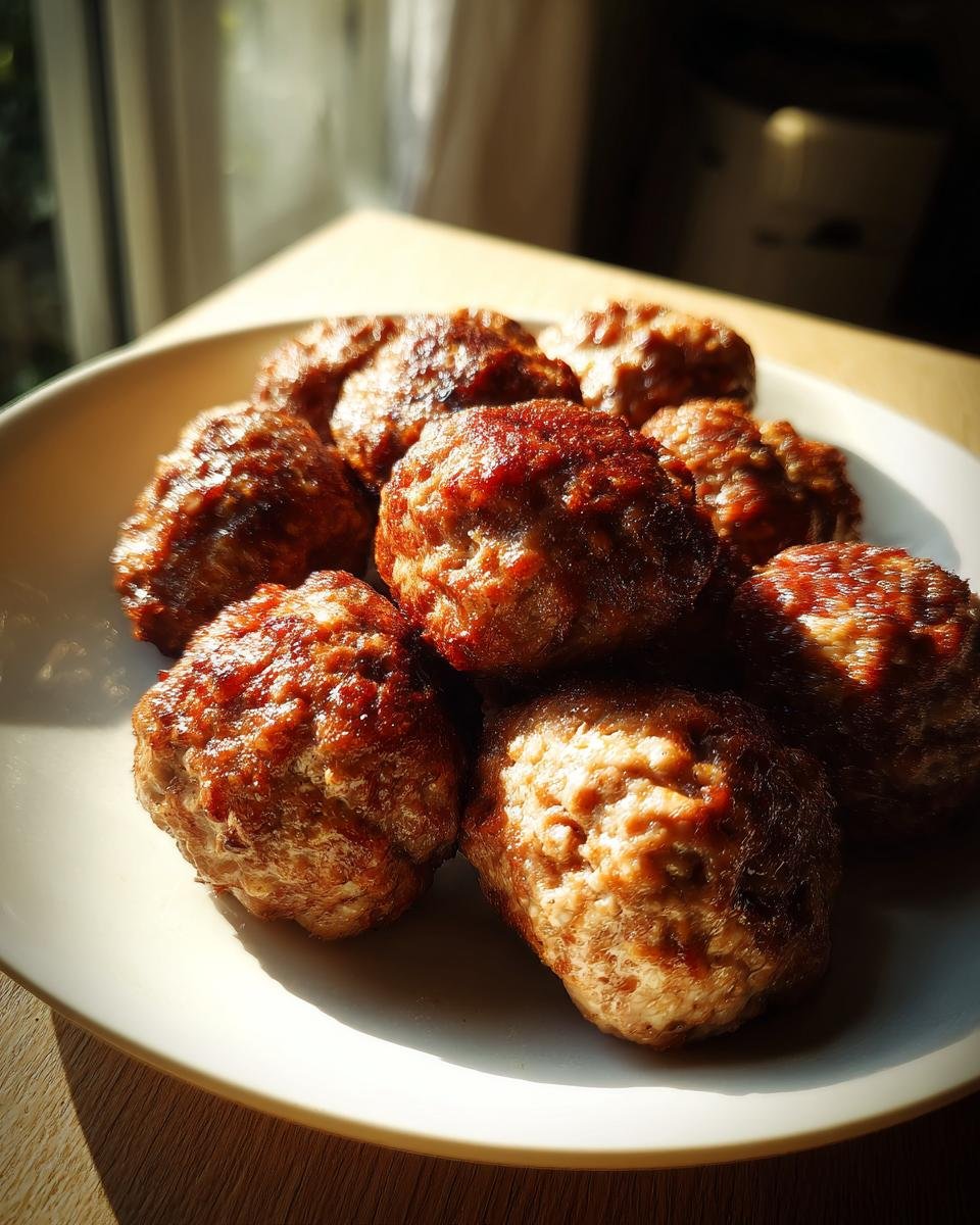 A close-up shot of several golden-brown Air Fryer Meatballs piled high on a white plate, catching bright sunlight.