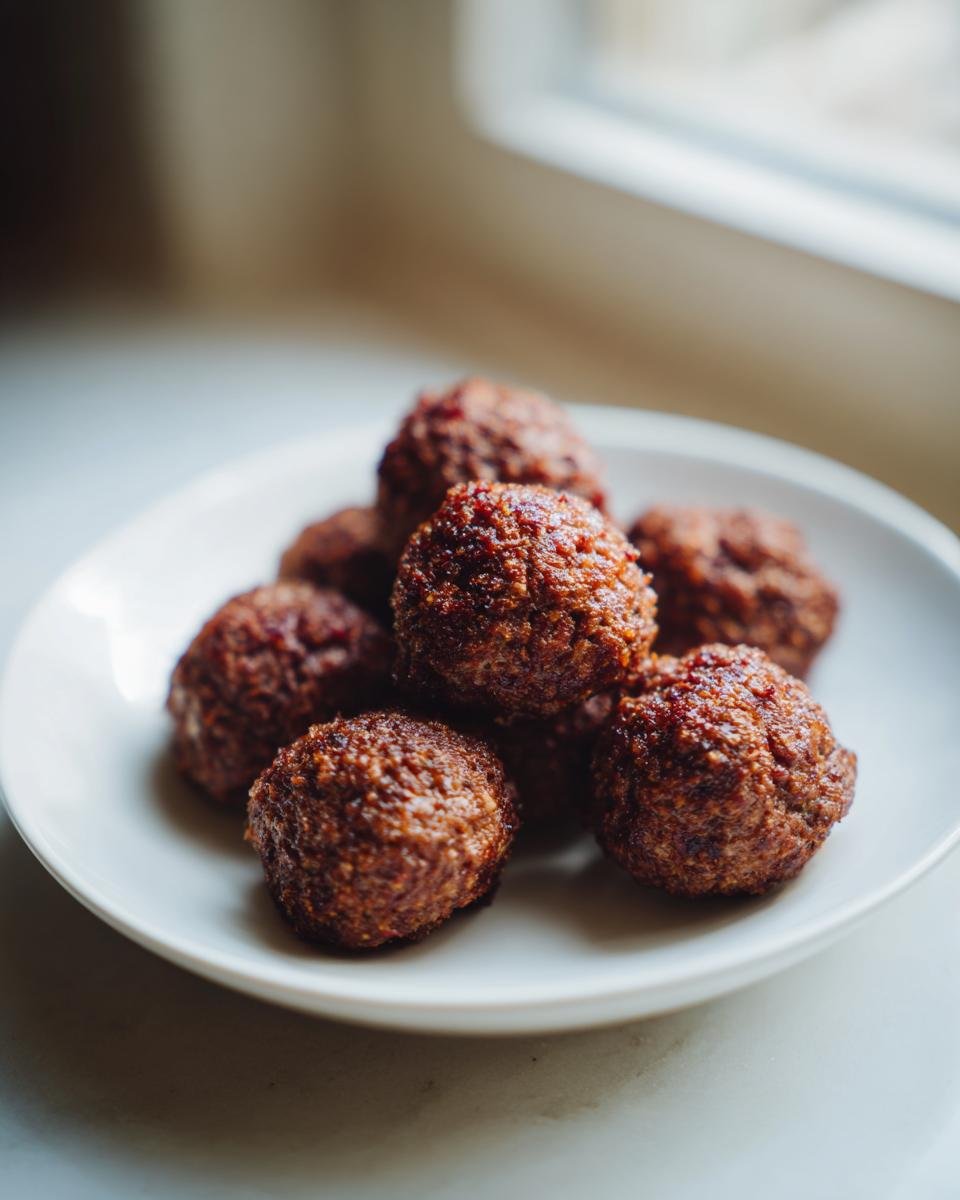 A small white plate piled high with freshly cooked, browned Air Fryer Meatballs, ready to serve.