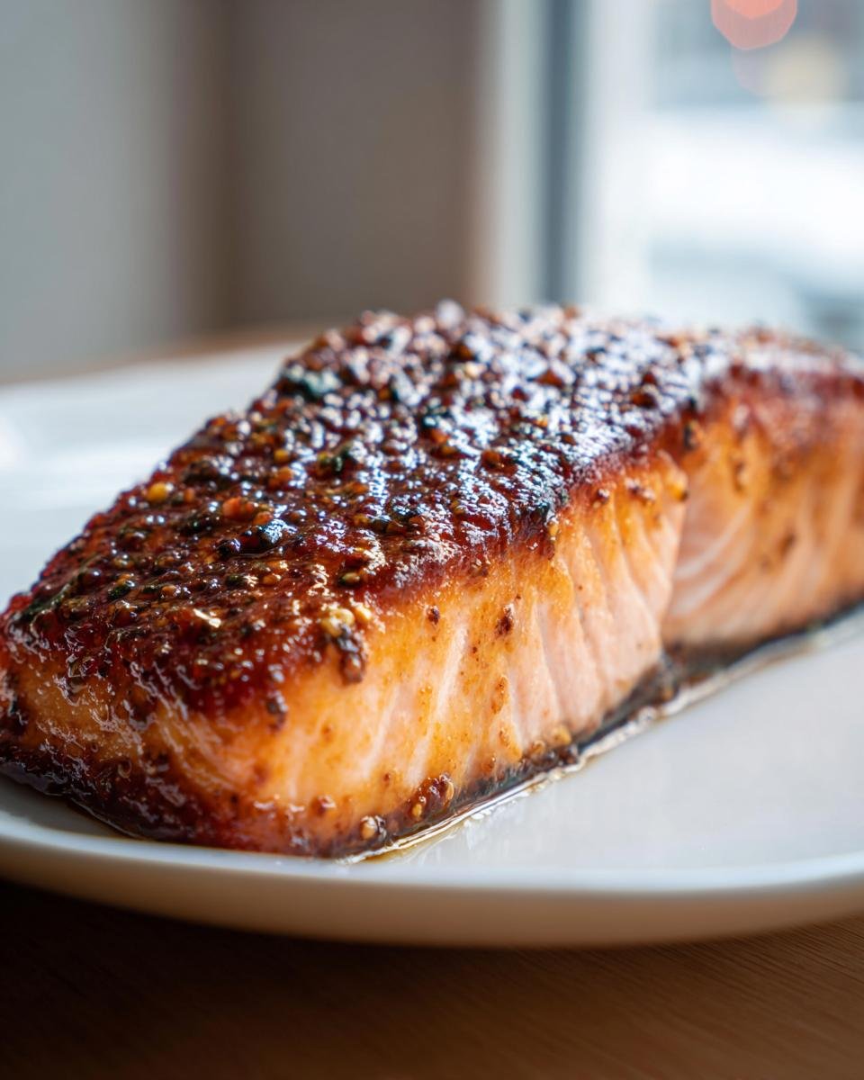 Close-up of a perfectly cooked Air Fryer Mustard Salmon fillet with a caramelized, whole-grain mustard glaze on a white plate.