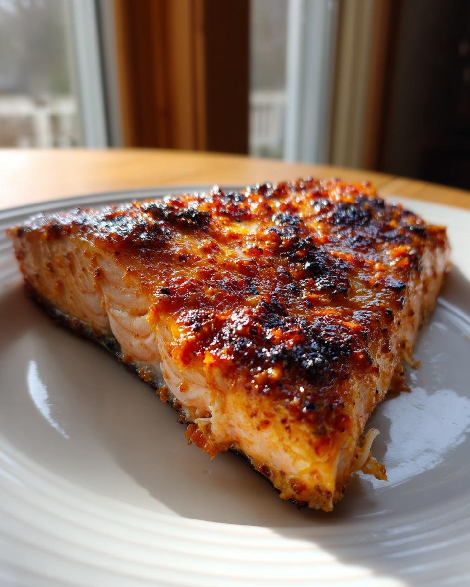 Close-up of a thick, flaky Air Fryer Mustard Salmon fillet with a caramelized, slightly charred mustard topping on a white plate.