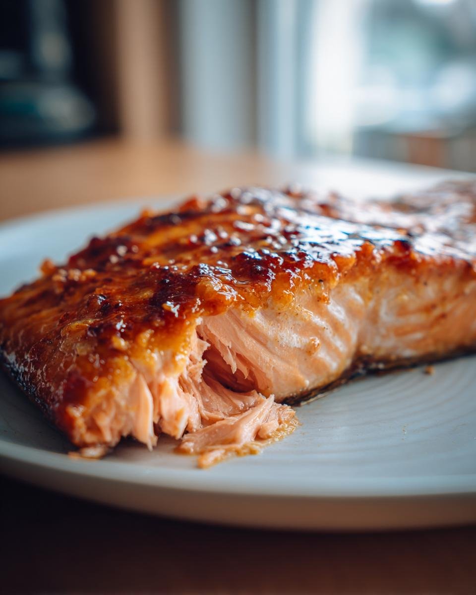 Close-up of flaky, cooked Air Fryer Mustard Salmon with a shiny, caramelized glaze on a light plate.