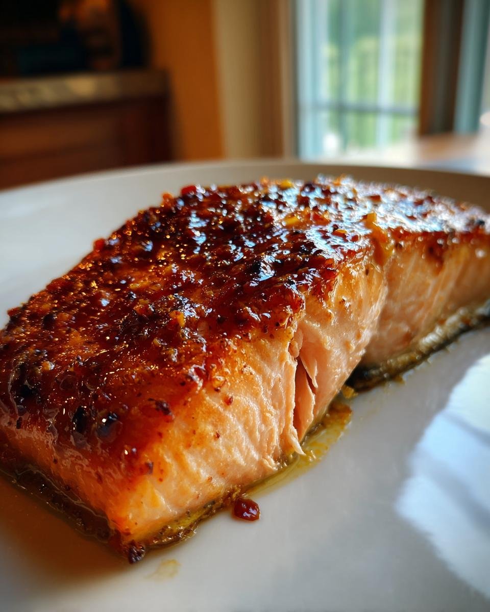 Close-up of a perfectly cooked Air Fryer Mustard Salmon fillet with a shiny, caramelized glaze on a white plate.
