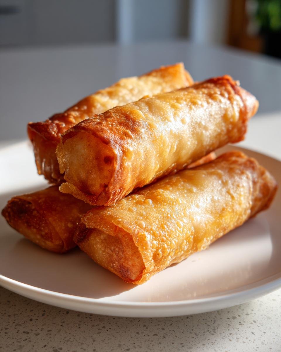 A stack of four golden brown, crispy Air Fryer Spring Rolls resting on a light-colored plate.