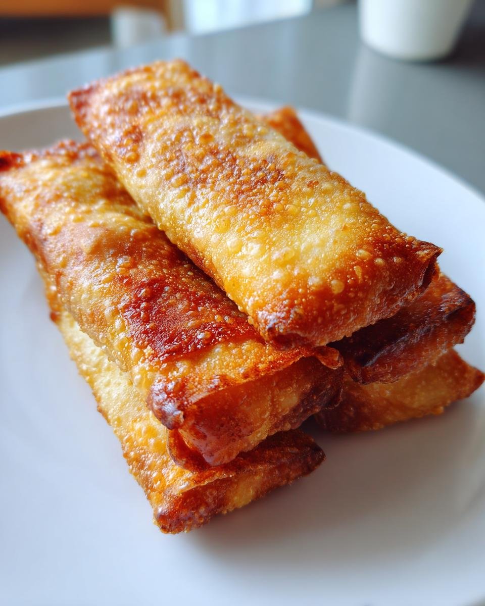 Close-up of four crispy, golden brown Air Fryer Spring Rolls stacked on a white plate.