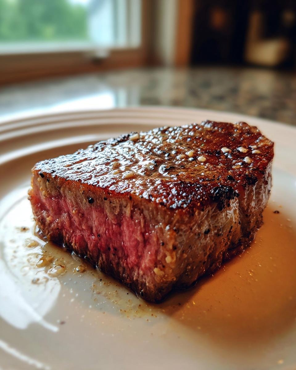 Close-up of a juicy, medium-rare Air Fryer Steak with a seared crust resting on a white plate.