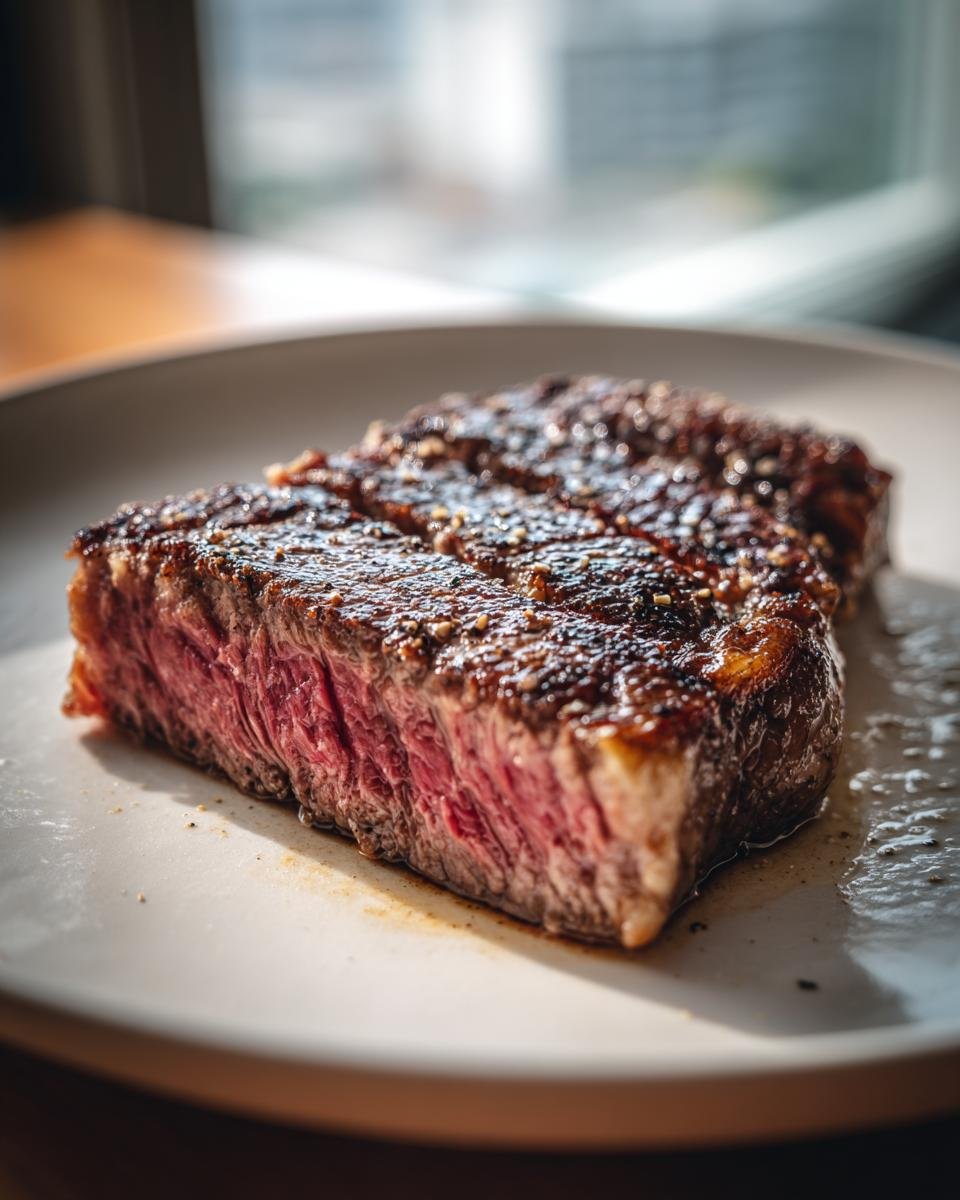 Close-up of a perfectly cooked medium-rare Air Fryer Steak, showing a deep sear and pink center.