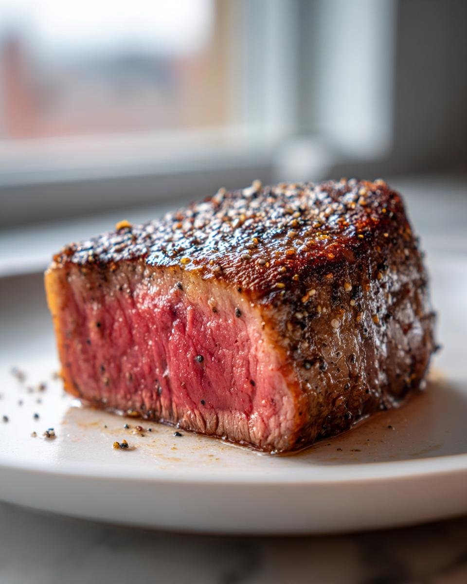 Close-up of a thick, medium-rare Air Fryer Steak slice with a dark, seasoned crust.