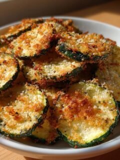 A white bowl filled with golden brown, crispy Air Fryer Zucchini Crisps sprinkled with Parmesan cheese.