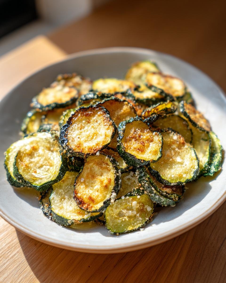 A close-up of golden brown, crispy Air Fryer Zucchini Crisps dusted with Parmesan cheese in a light-colored bowl.