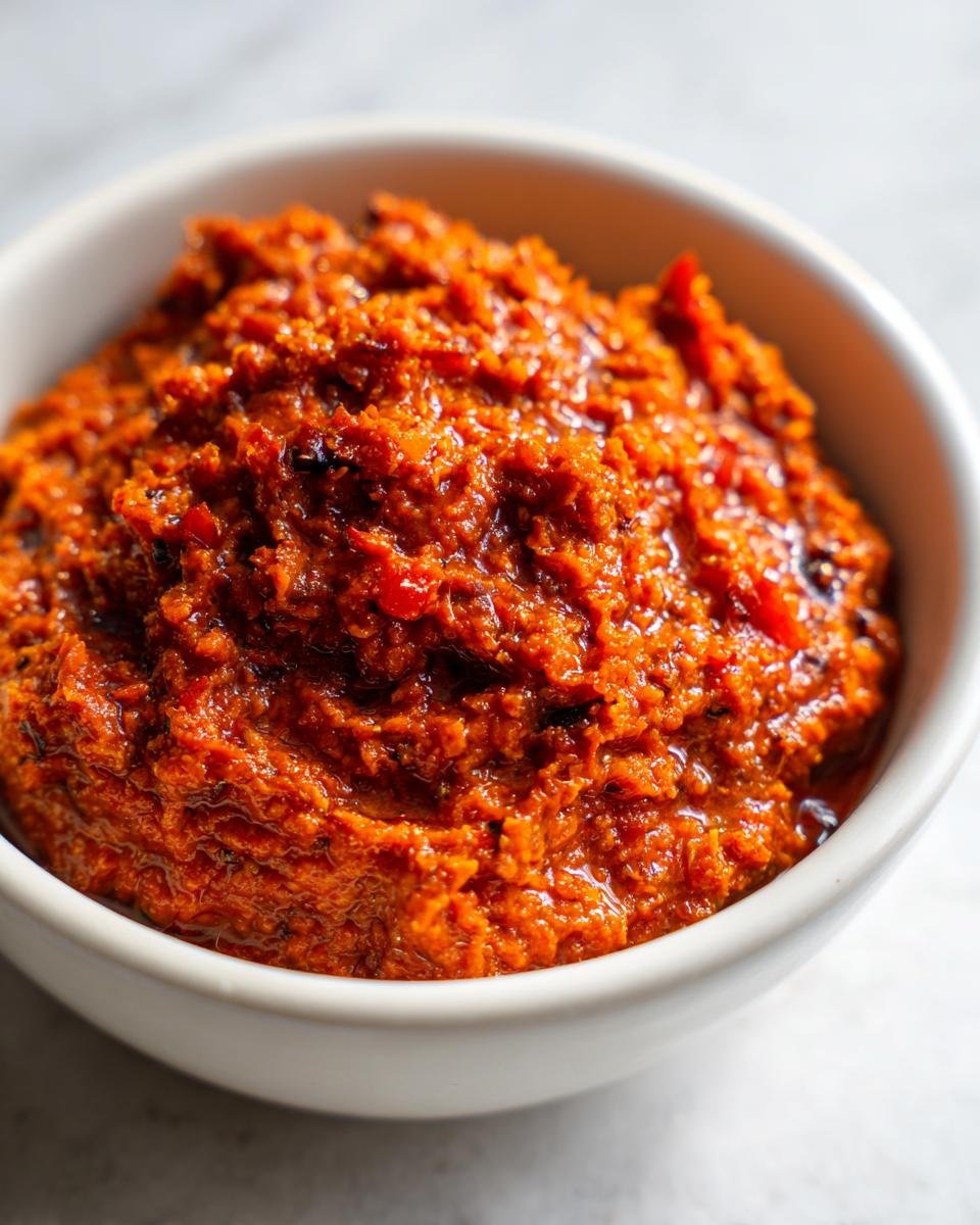 Close-up of vibrant, chunky Ajvar Roasted Red Pepper Spread filling a small white bowl.