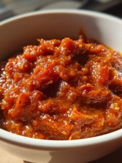 Close-up of rich, chunky Ajvar Roasted Red Pepper Spread served in a small white bowl, glistening in the sunlight.