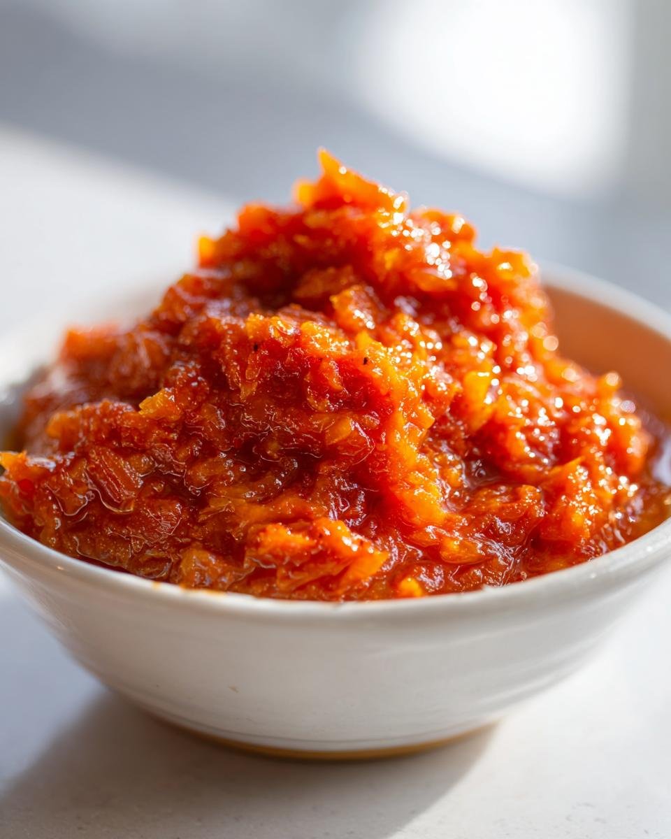 A close-up shot of thick, vibrant orange-red Ajvar Roasted Red Pepper Spread mounded in a small white bowl.