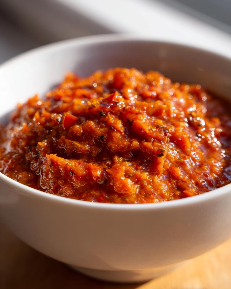 Close-up of vibrant, chunky Ajvar Roasted Red Pepper Spread served in a white bowl, glistening in the sunlight.