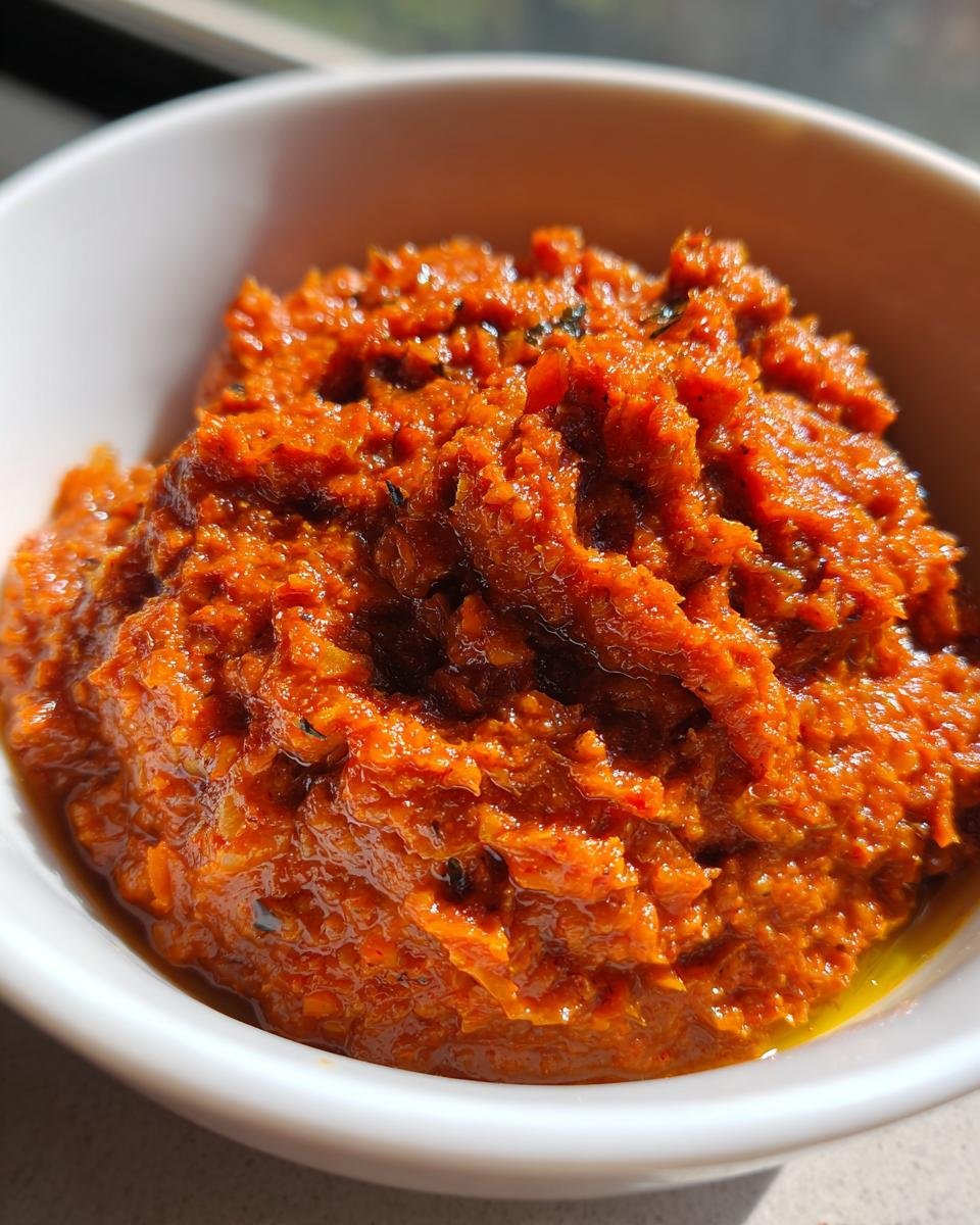 Close-up of thick, vibrant red Ajvar Roasted Red Pepper Spread in a white bowl, glistening with oil.