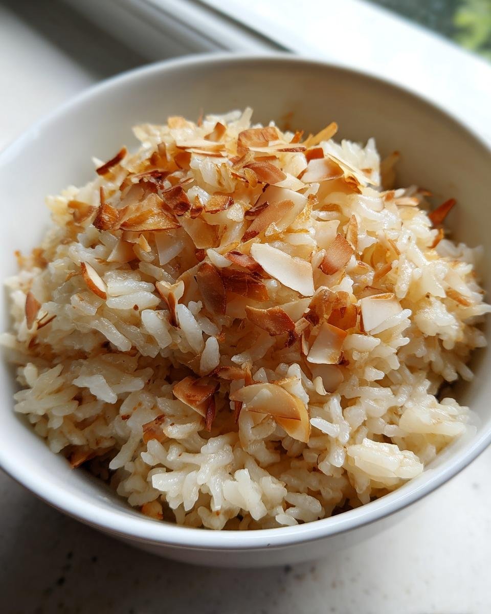 Close-up of Almond Brown Rice Pilaf topped generously with toasted, sliced almonds in a white bowl.