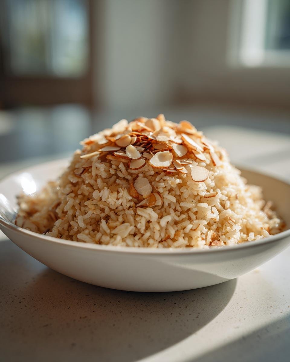 A mound of fluffy Almond Brown Rice Pilaf topped generously with toasted sliced almonds in a white bowl.