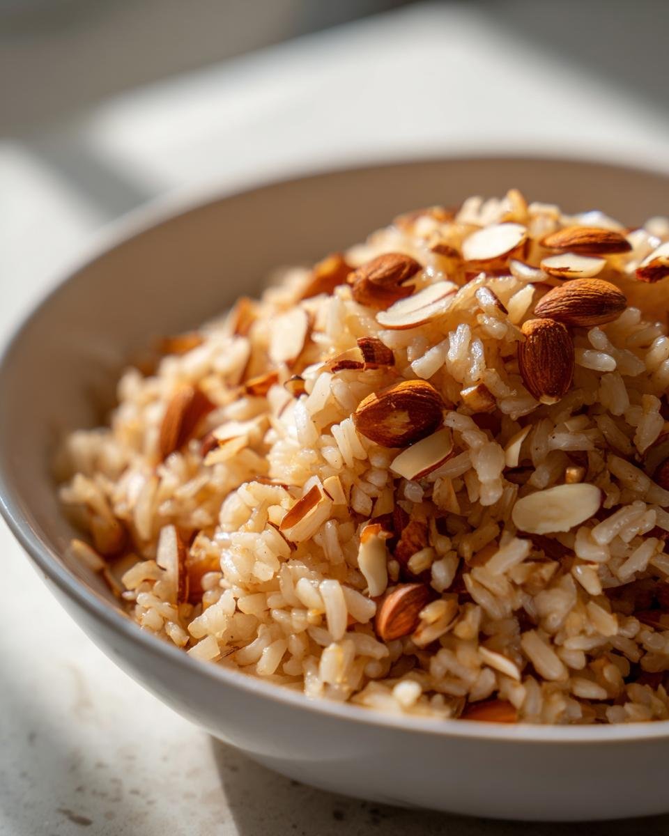 A close-up shot of fluffy Almond Brown Rice Pilaf topped generously with toasted whole and sliced almonds.