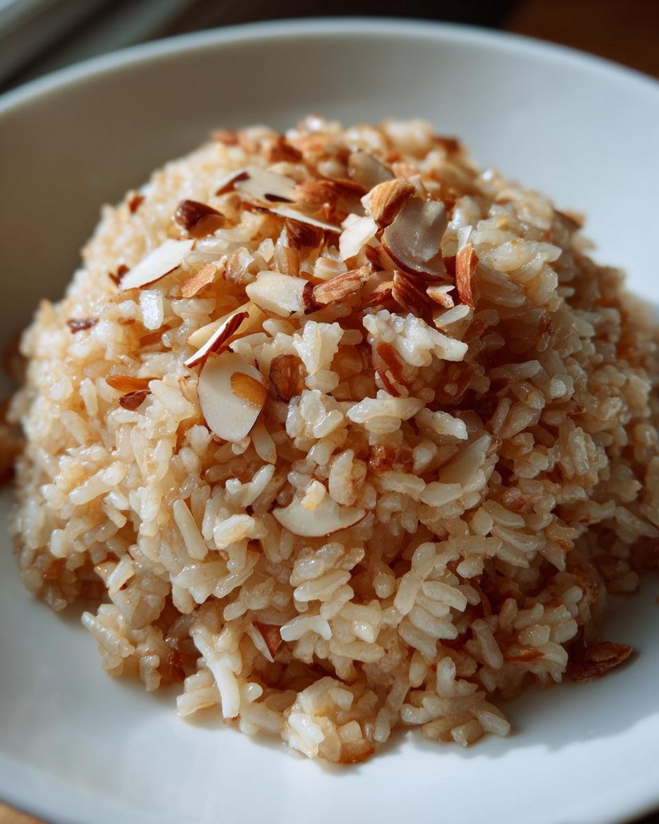 A mound of glossy Almond Brown Rice Pilaf topped generously with toasted, sliced almonds in a white bowl.