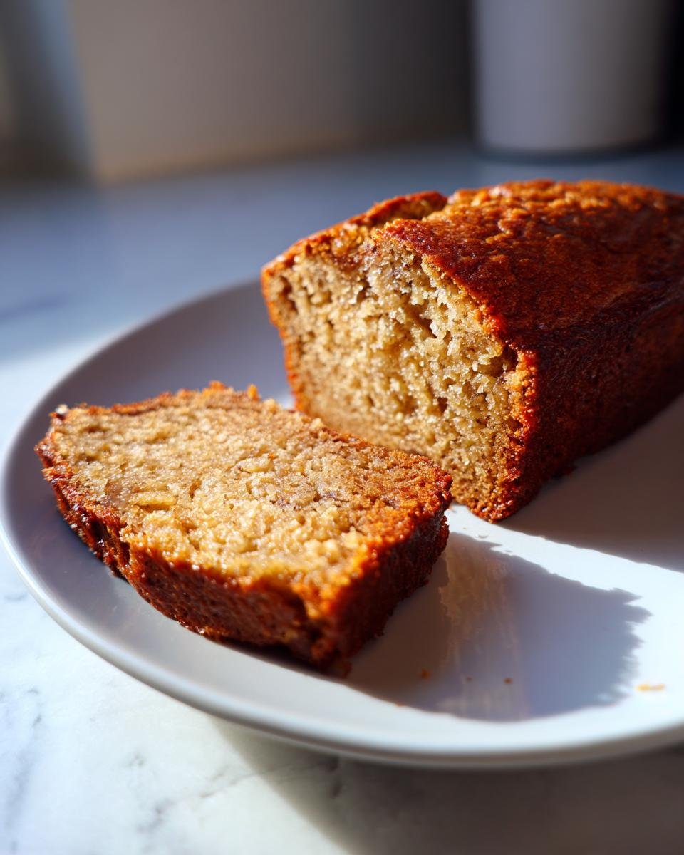 A freshly baked loaf of moist Banana Bread with one slice cut and resting beside it on a white plate.