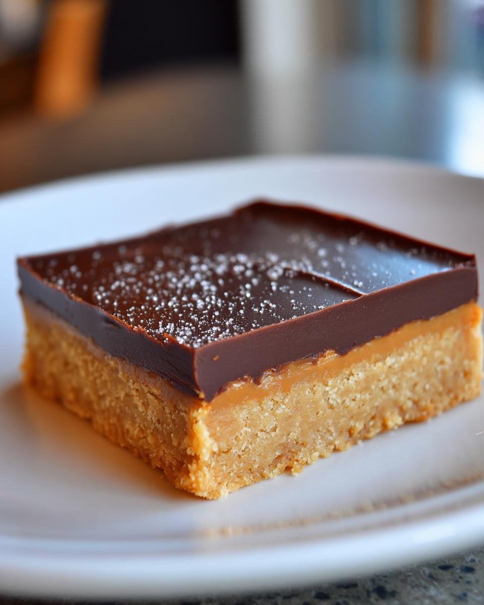 A single square of rich Peanut Butter Bars with a thick base, caramel layer, and chocolate topping dusted with sugar.