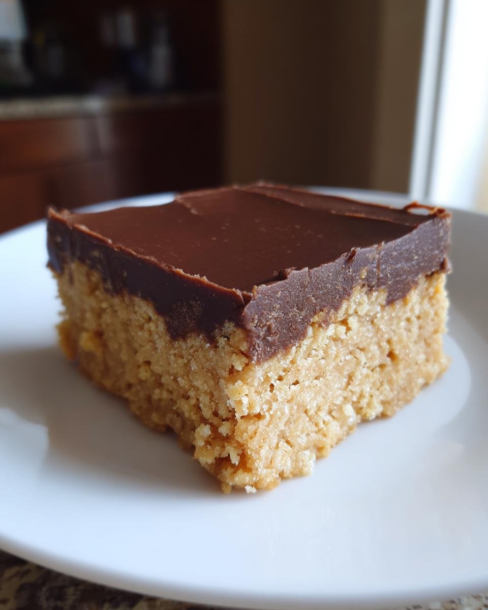 A single square of rich Peanut Butter Bars with a thick chocolate frosting layer on top, resting on a white plate.