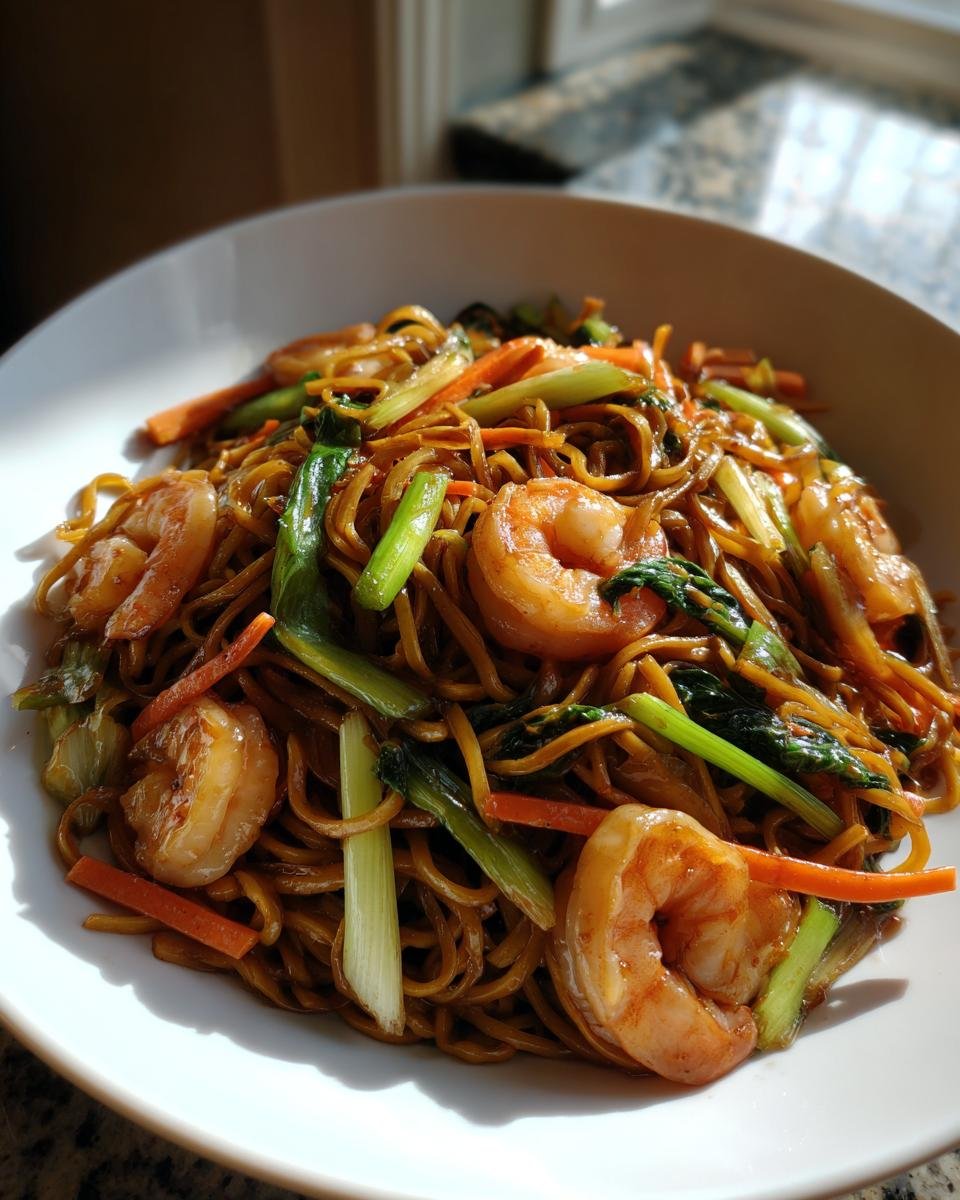 Close-up of a white bowl filled with delicious Shrimp Lo Mein noodles, shrimp, and stir-fried vegetables.