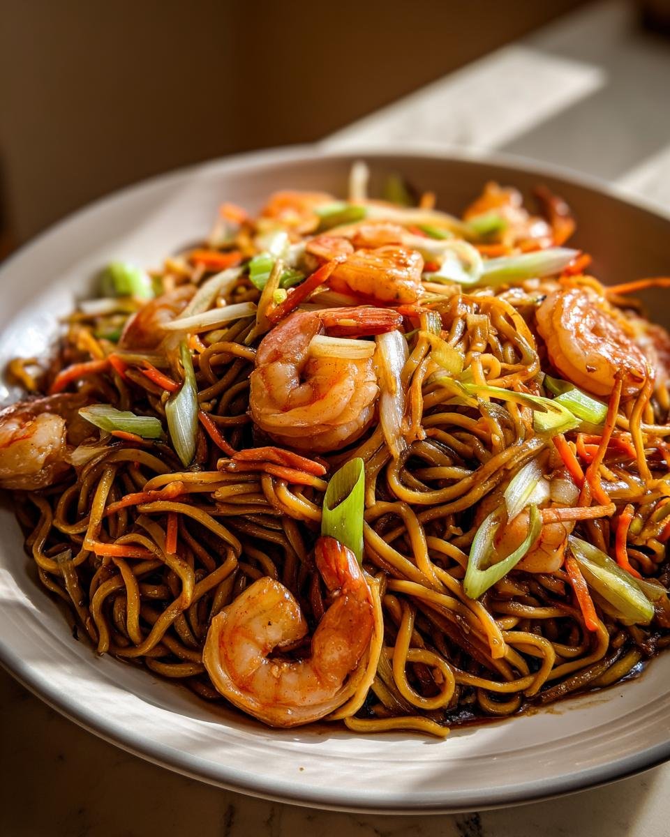 A close-up, appetizing shot of homemade Shrimp Lo Mein featuring plump shrimp, dark noodles, carrots, and green onions.