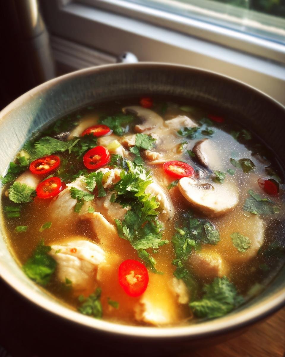 A close-up bowl of vibrant Thai Chicken Soup featuring sliced chicken, mushrooms, cilantro, and bright red chili rings.