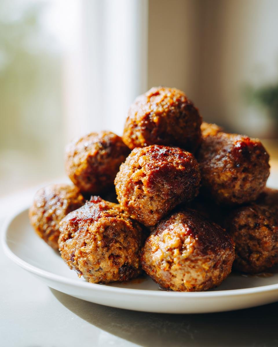 A close-up stack of golden-brown, pan-seared Veggie Meatballs piled high on a white plate.