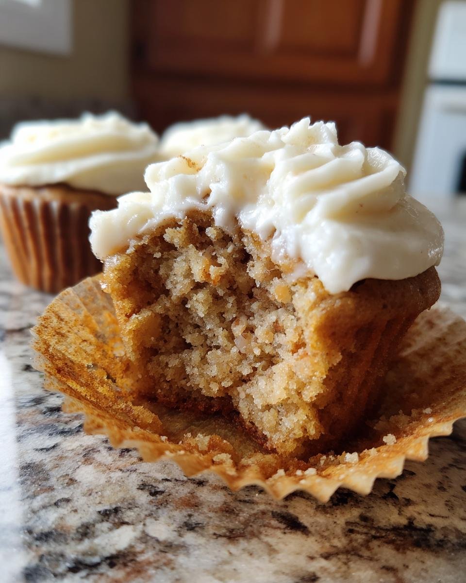 Close-up of an Apple Cinnamon Cupcakes with a bite taken out, showing the moist crumb and cream cheese frosting.