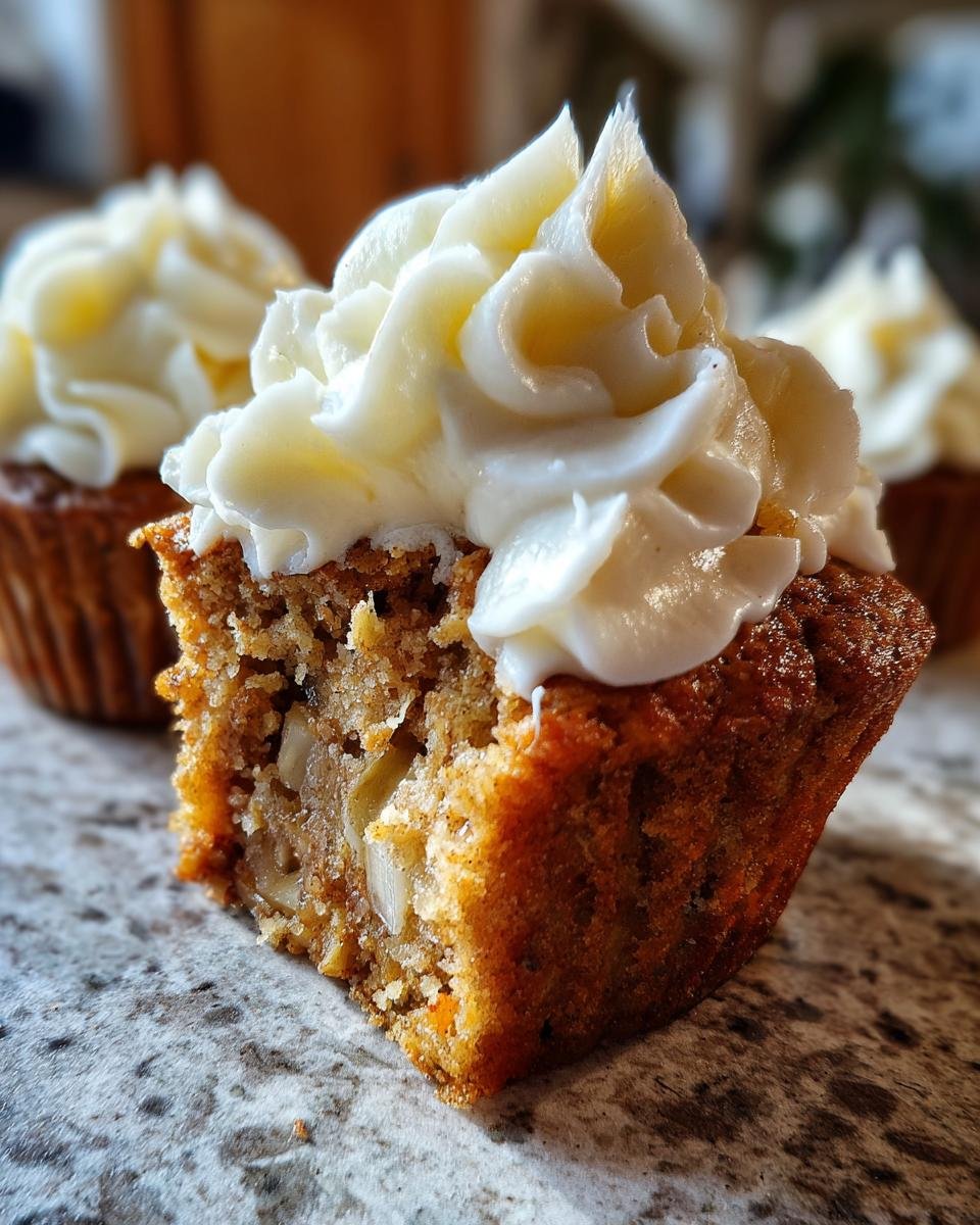Close-up of a halved Apple Cinnamon Cupcakes showing chunks of apple and topped with thick cream cheese frosting.