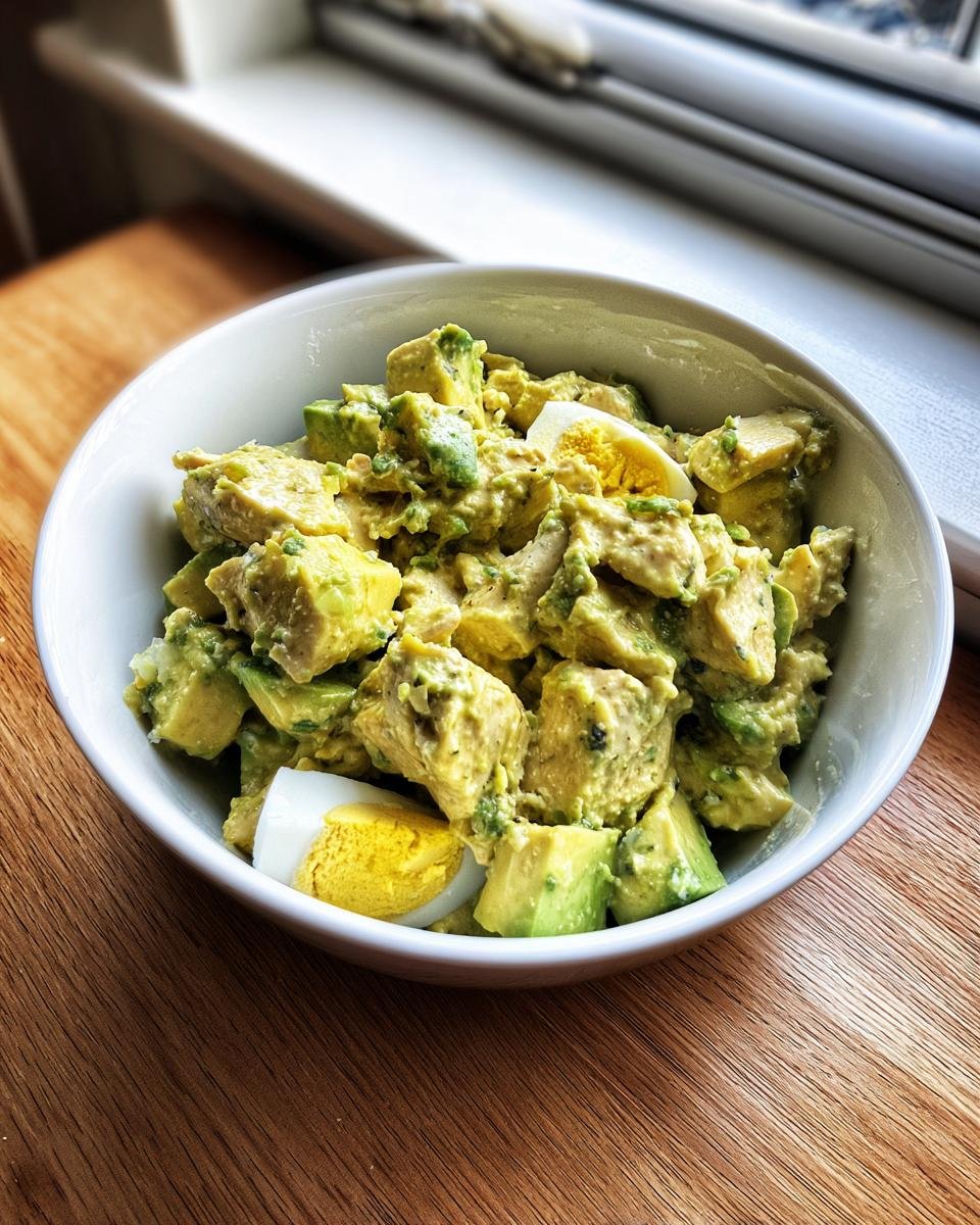 Close-up of Avocado Chicken Egg Salad chunks mixed with avocado pieces and hard-boiled egg in a white bowl.