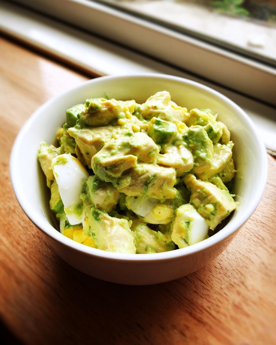 Close-up of a white bowl filled with chunky Avocado Chicken Egg Salad, featuring diced avocado, chicken, and sliced hard-boiled egg.