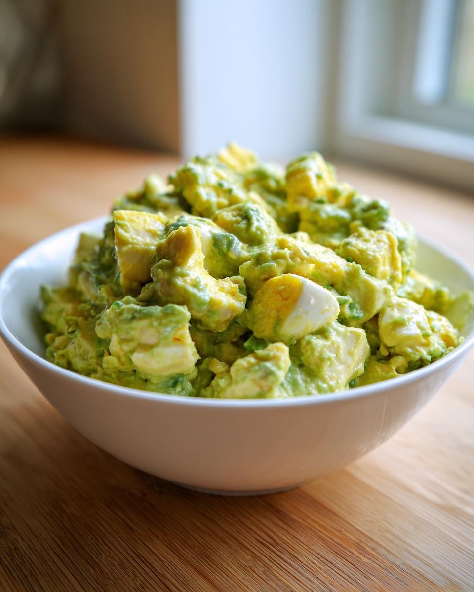 Close-up of chunky Avocado Chicken Egg Salad mixed with visible chopped eggs in a white bowl.