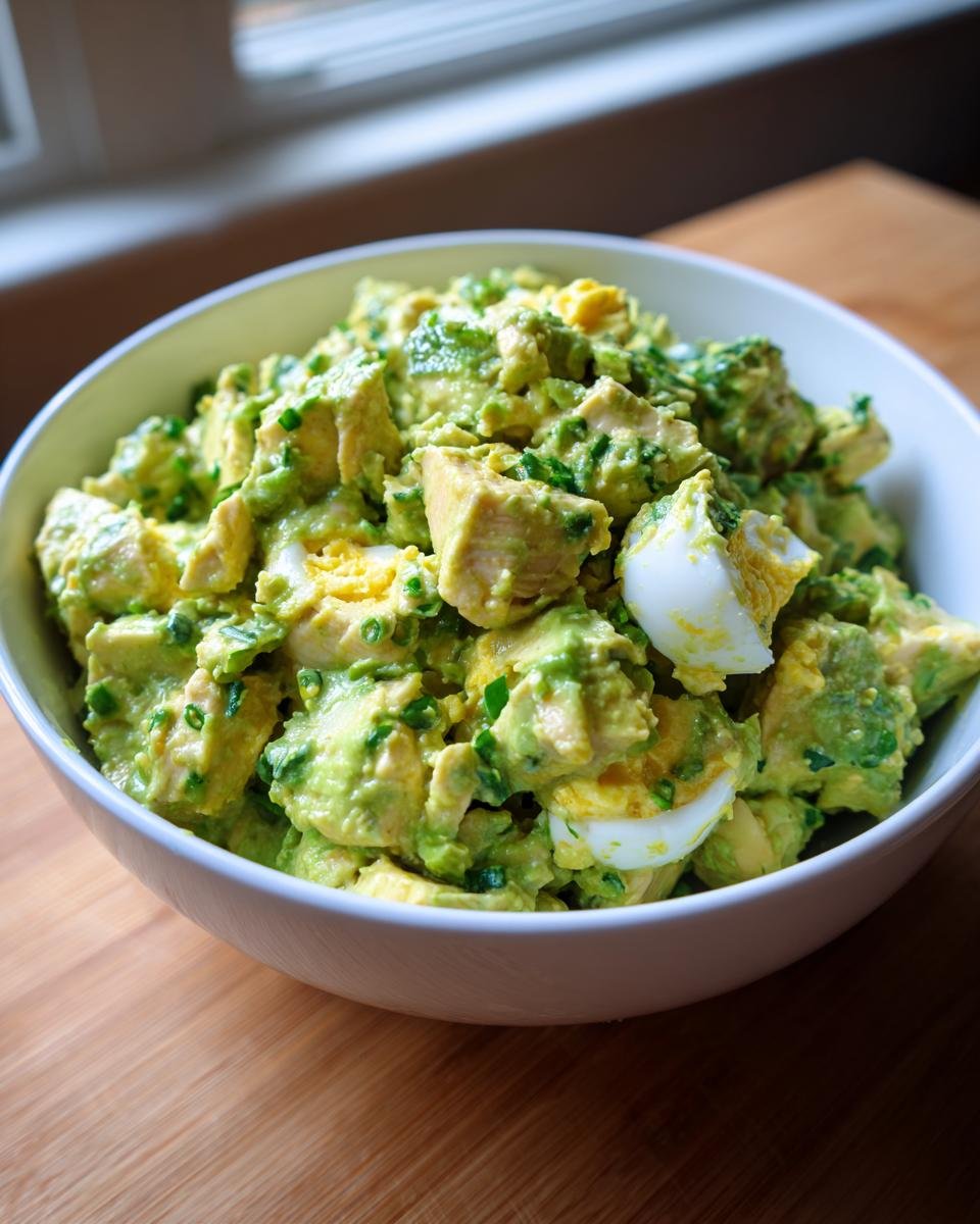A white bowl filled with chunky Avocado Chicken Egg Salad, featuring visible pieces of avocado, chicken, and hard-boiled egg.