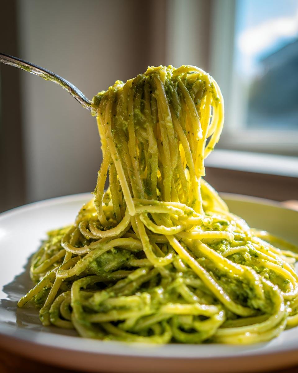 A fork lifting a generous portion of spaghetti coated in creamy green Avocado Pesto Pasta sauce.
