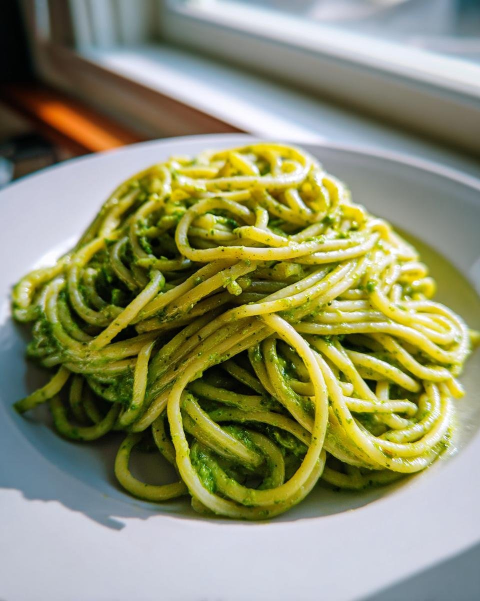 A close-up of spaghetti tossed thoroughly in vibrant green Avocado Pesto Pasta, served on a white plate.
