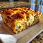 A close-up of a golden-brown slice of Bacon And Eggs Breakfast Bake on a white plate.