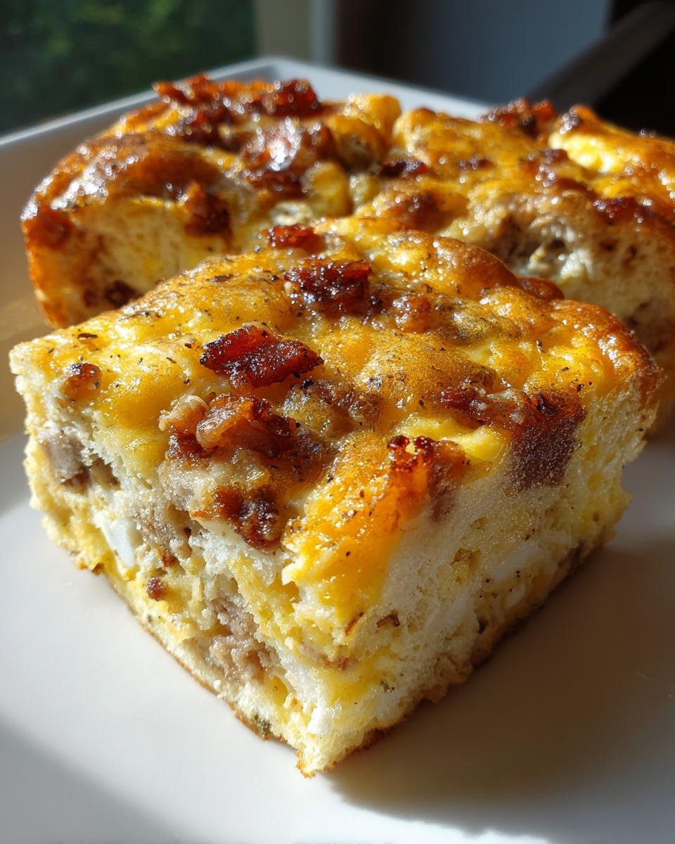 A close-up slice of Bacon And Eggs Breakfast Bake showing layers of bread, egg, sausage, and crispy bacon topping.