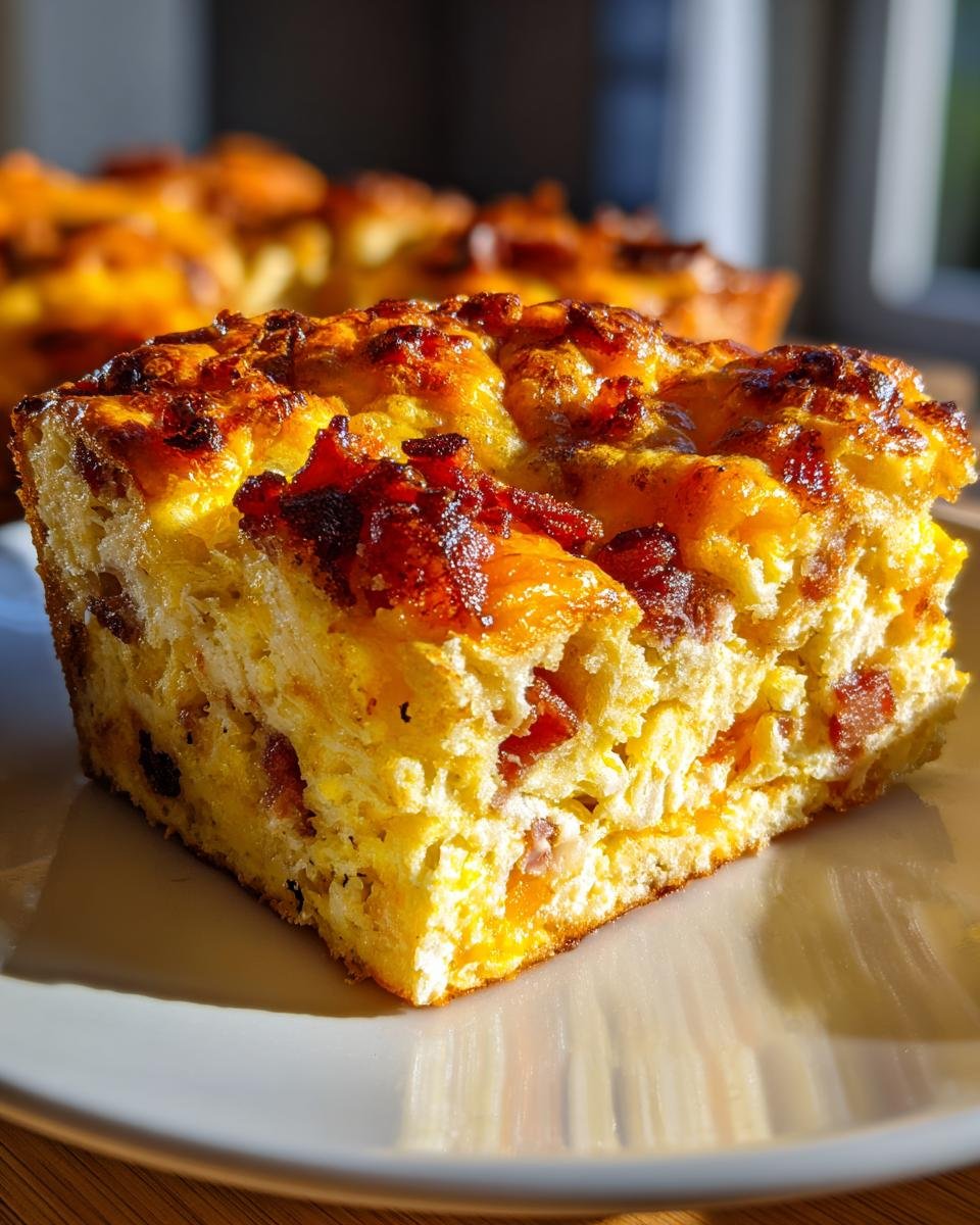 Close-up of a square slice of golden Bacon And Eggs Breakfast Bake with crispy bacon topping.