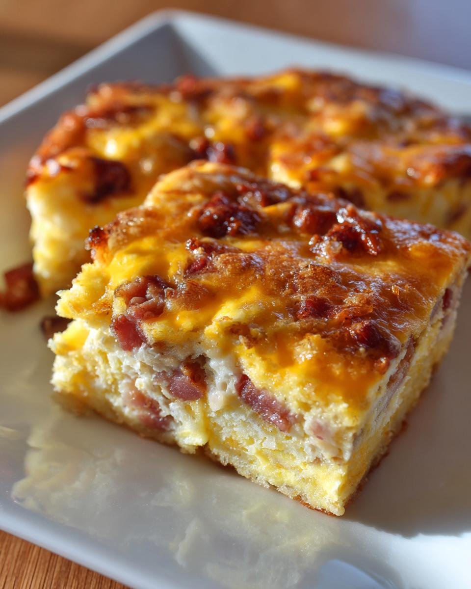 Close-up of a square slice of Bacon And Eggs Breakfast Bake with melted cheese topping.
