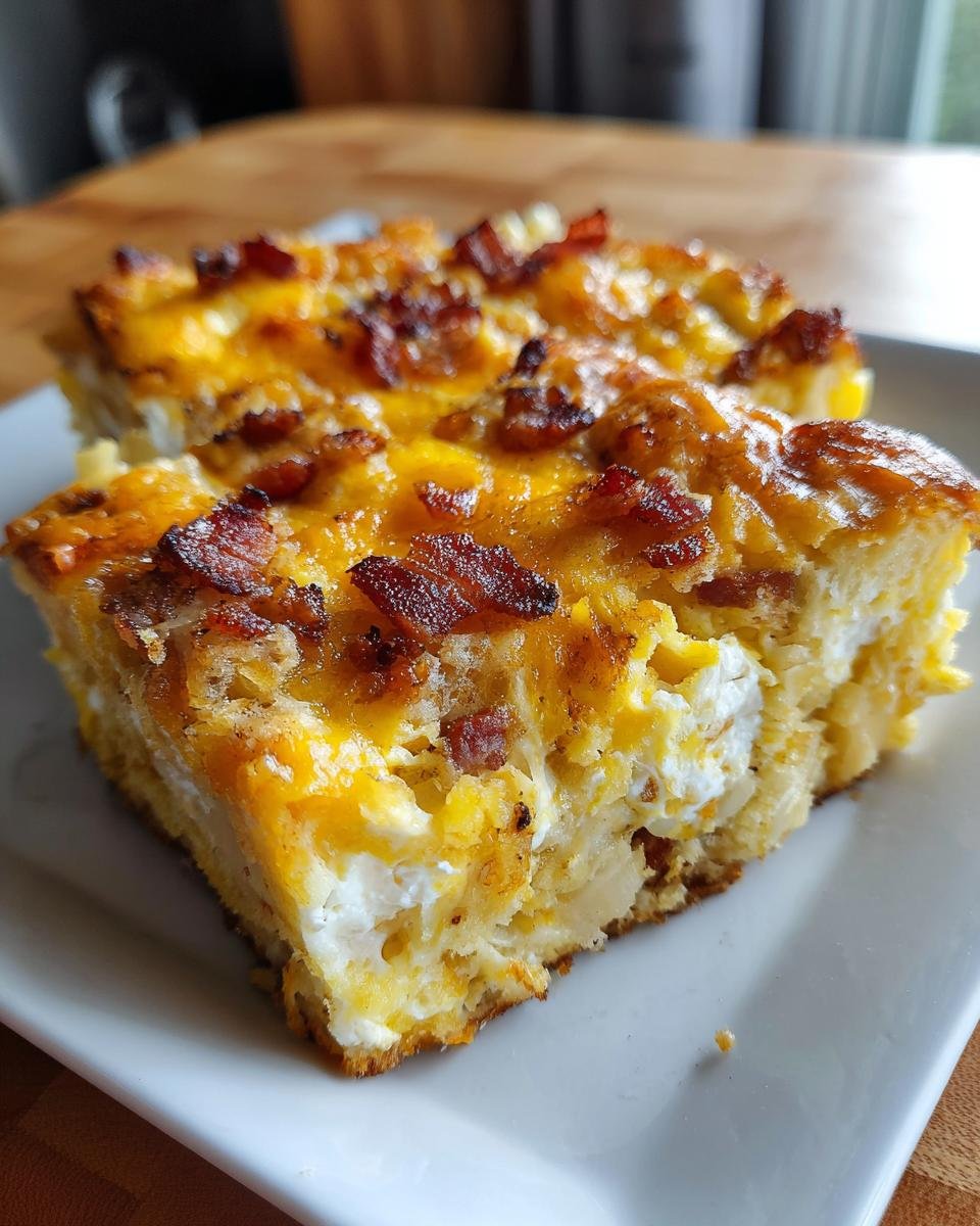 Close-up of two slices of Bacon And Eggs Breakfast Bake topped with melted cheese and crispy bacon bits.