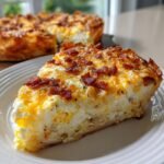 A thick slice of Bacon And Eggs Phyllo Breakfast Pizza topped with melted cheese and crispy bacon bits.