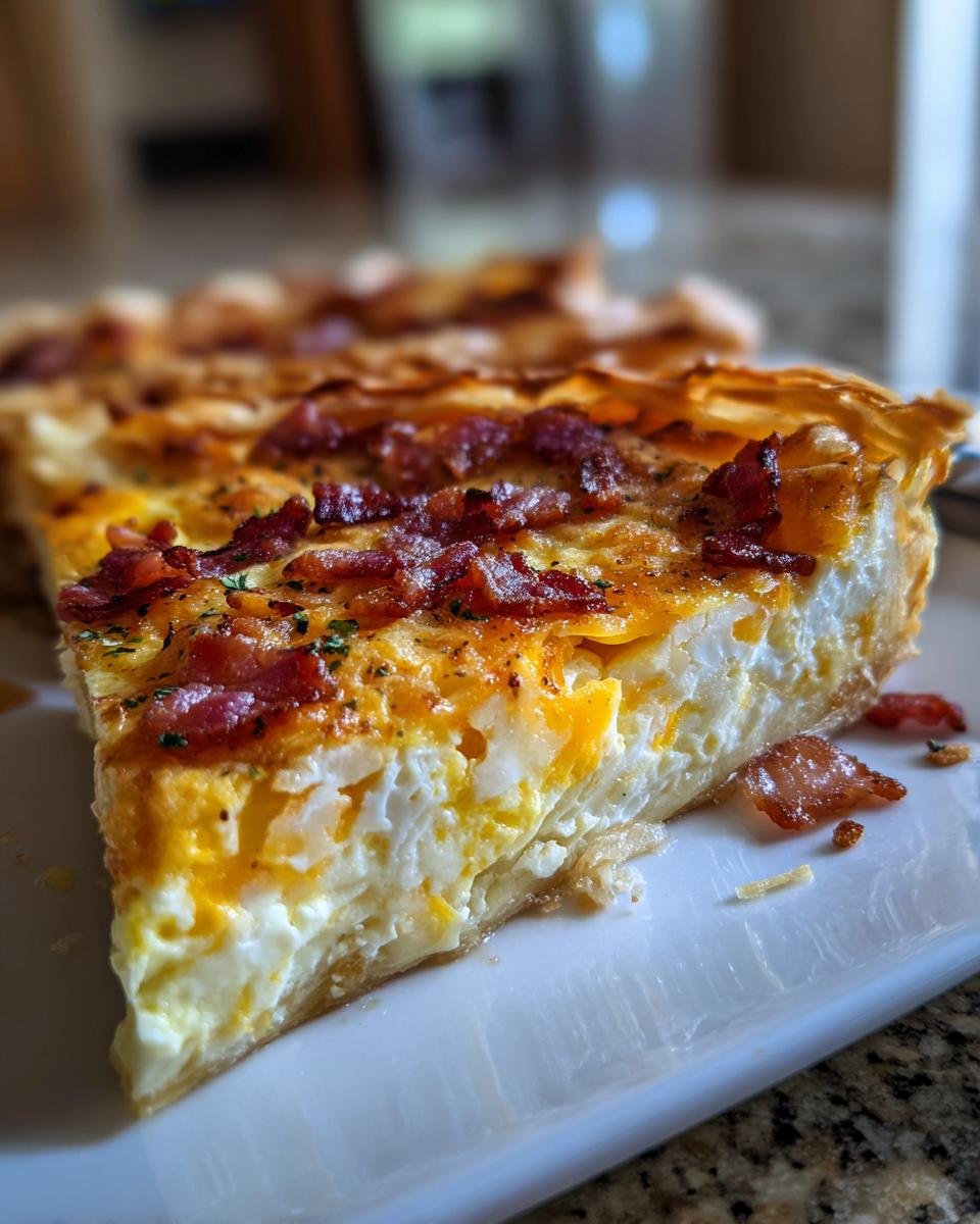 Close-up of a thick slice of Bacon And Eggs Phyllo Breakfast Pizza showing flaky crust and egg filling.