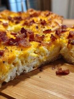 A thick slice of Bacon And Eggs Phyllo Breakfast Pizza showing fluffy eggs, melted cheese, and crispy bacon bits on a wooden board.