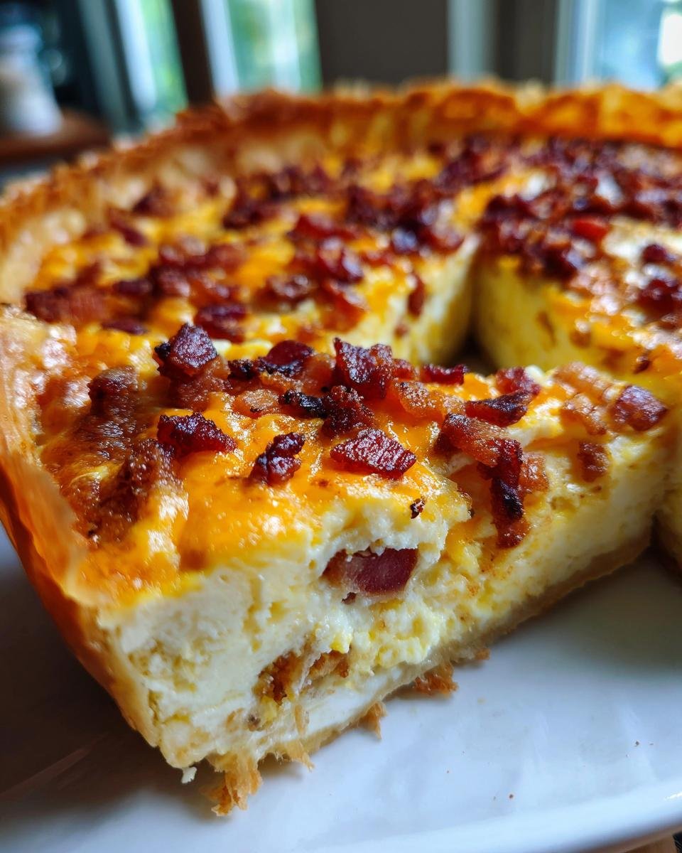 Close-up of a slice of Bacon And Eggs Phyllo Breakfast Pizza showing the creamy egg filling and crispy bacon topping.